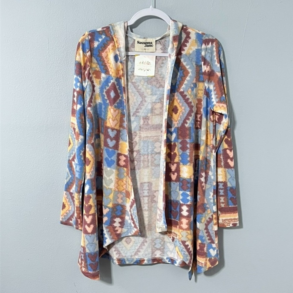 Savanna Jane Lightweight Cardigan Women Small Hooded Open Front Southwestern‎
